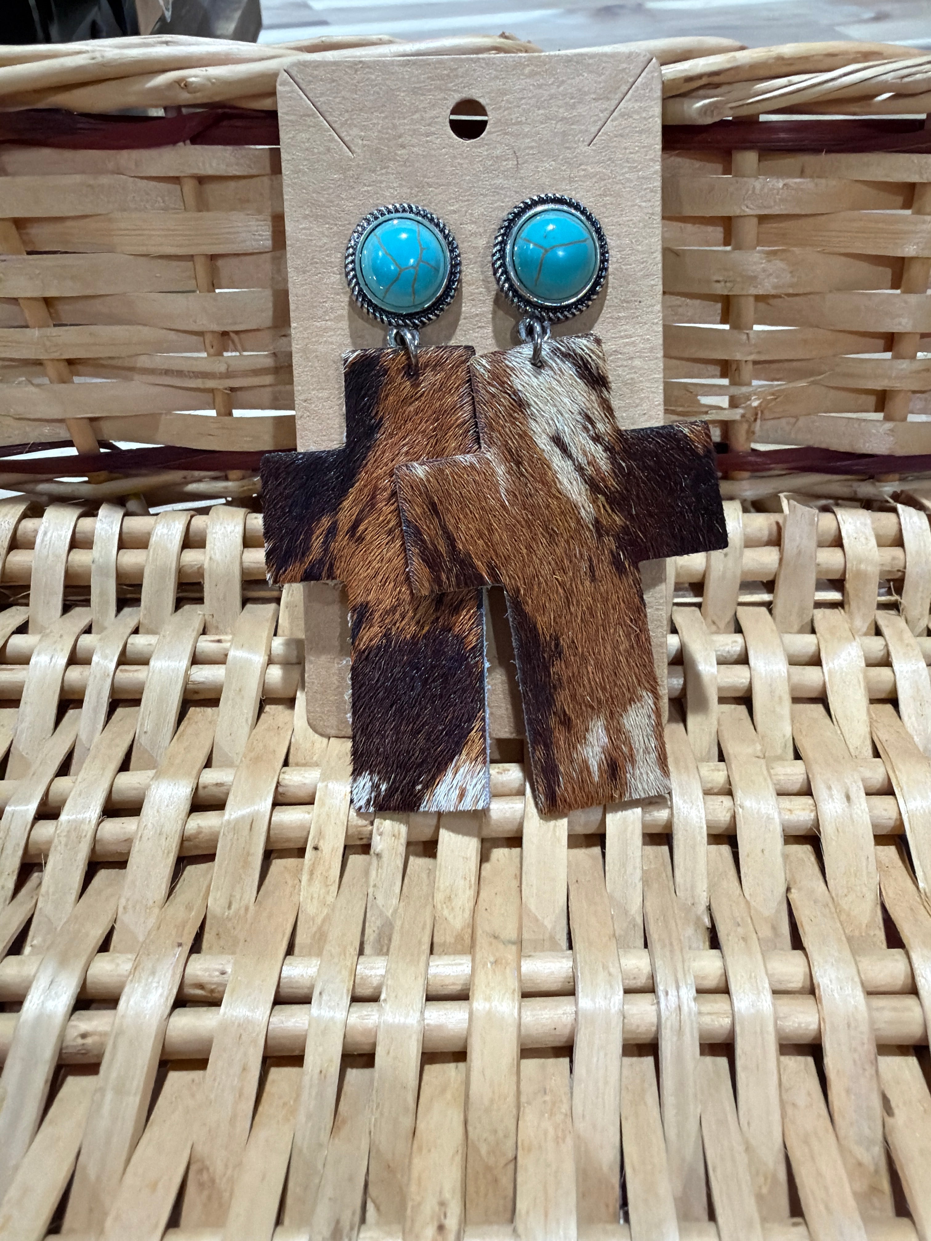 Dark Cowprint Leather Cross Earrings