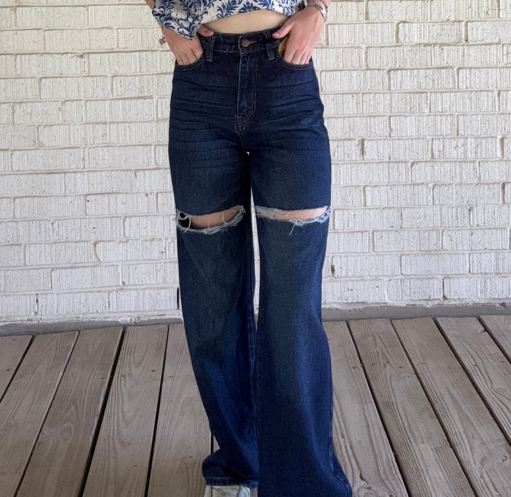 Vibrant Dark Wash Distressed Wide Leg Jeans