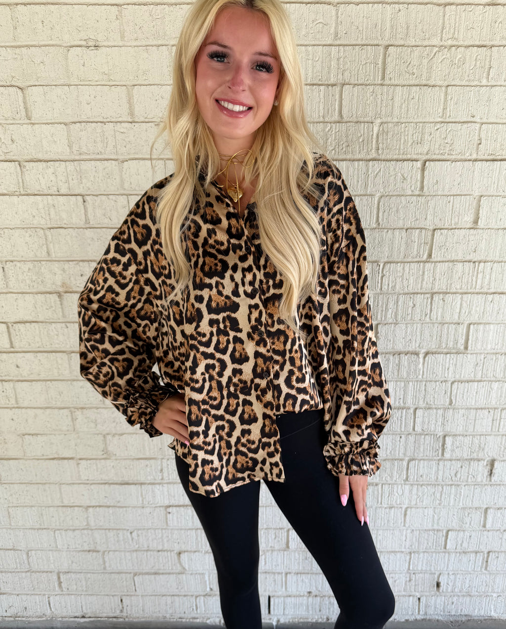 Leopard Ruffle Button Up
