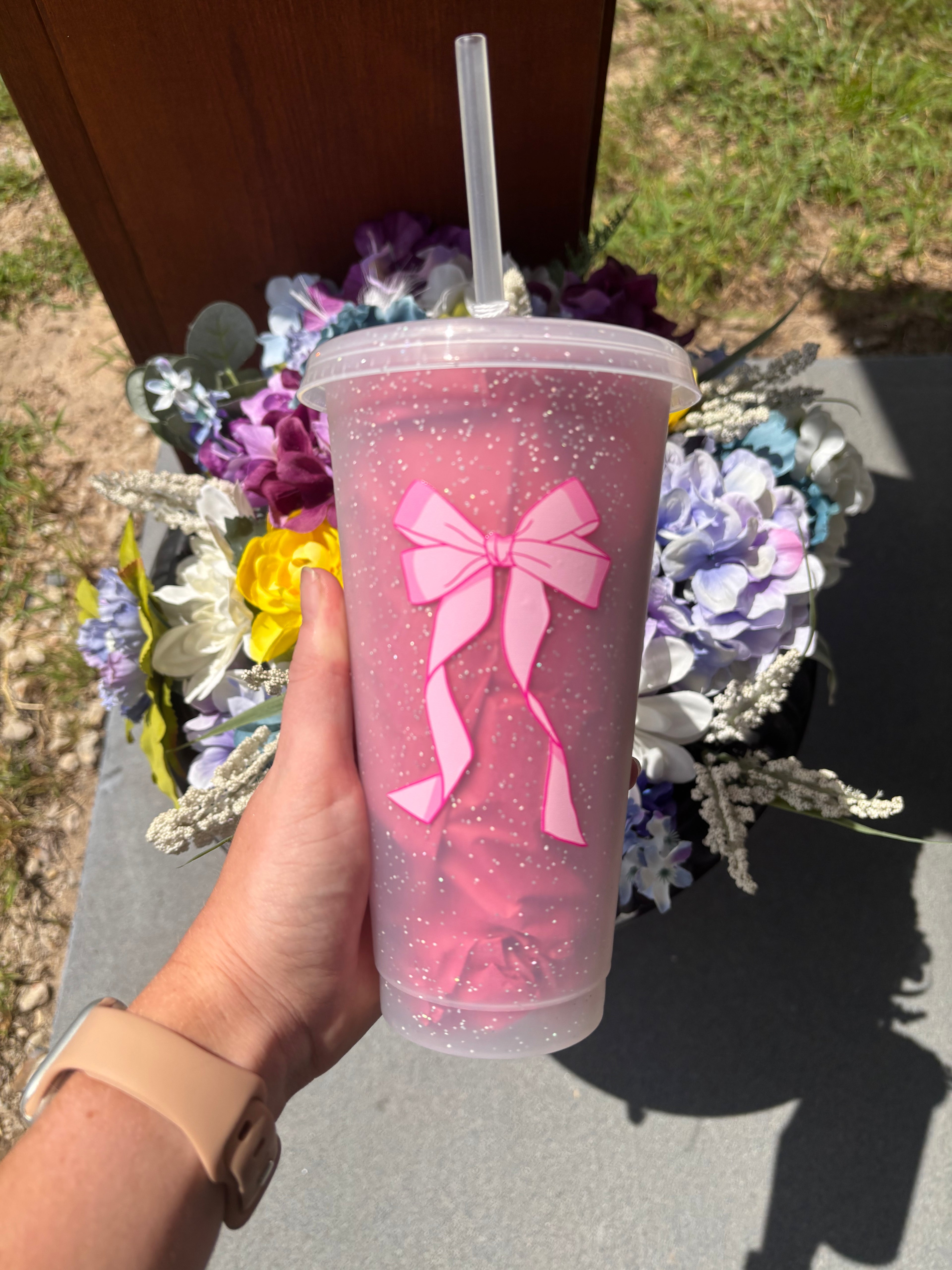 Pink Bow Glitter Cup