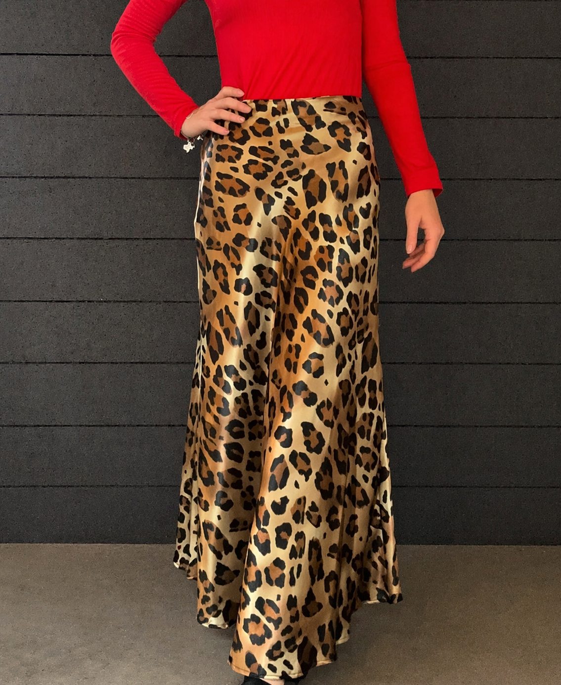 Vintage Leopard Print Satin High Waist Midi Skirt