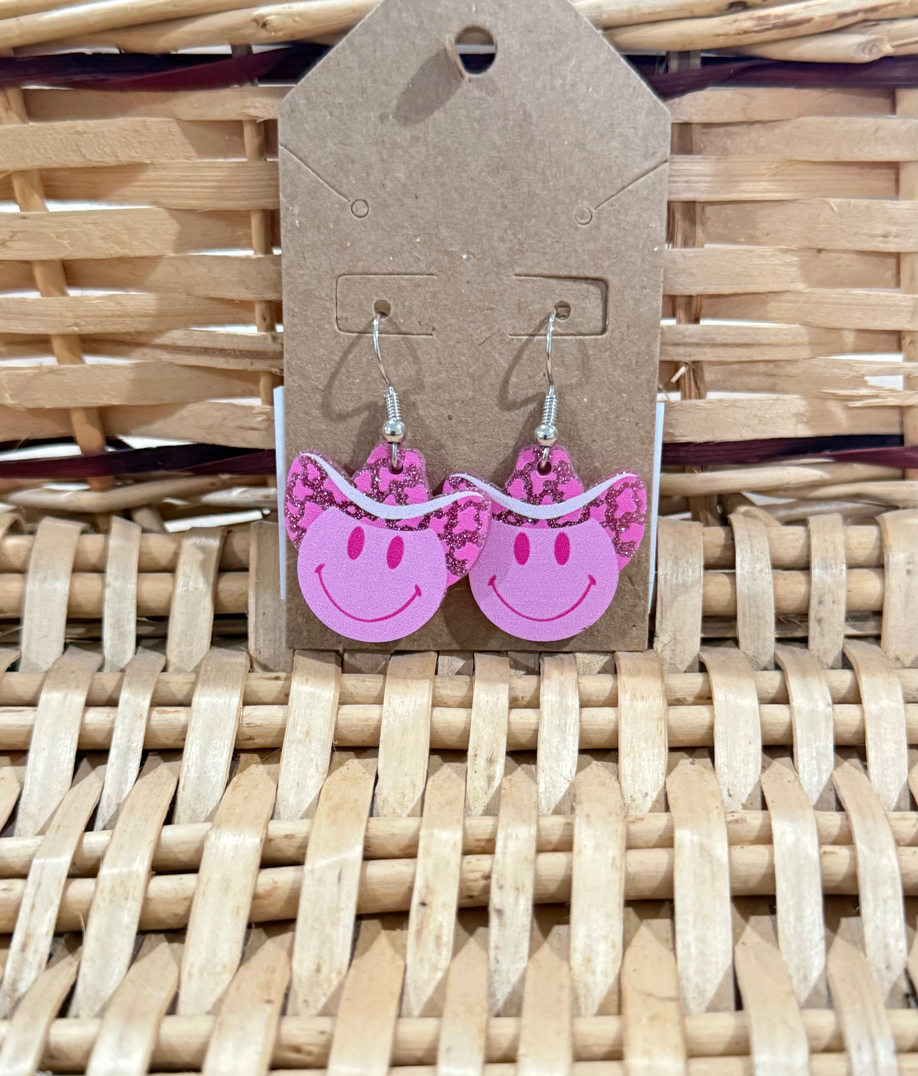 Pink Smiley W/ Cowboy Hat Earrings