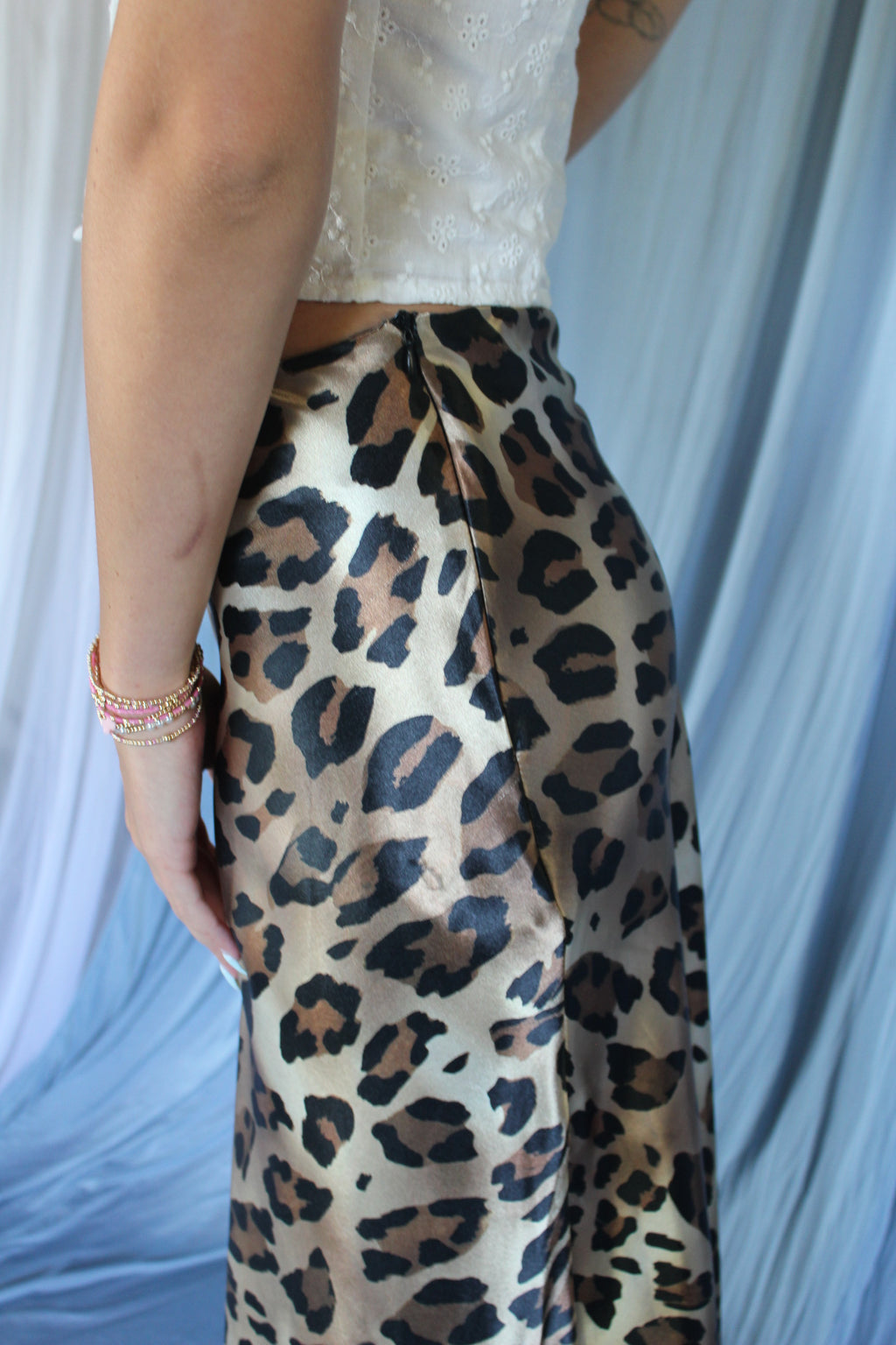 Vintage Leopard Print Satin High Waist Maxi Skirt