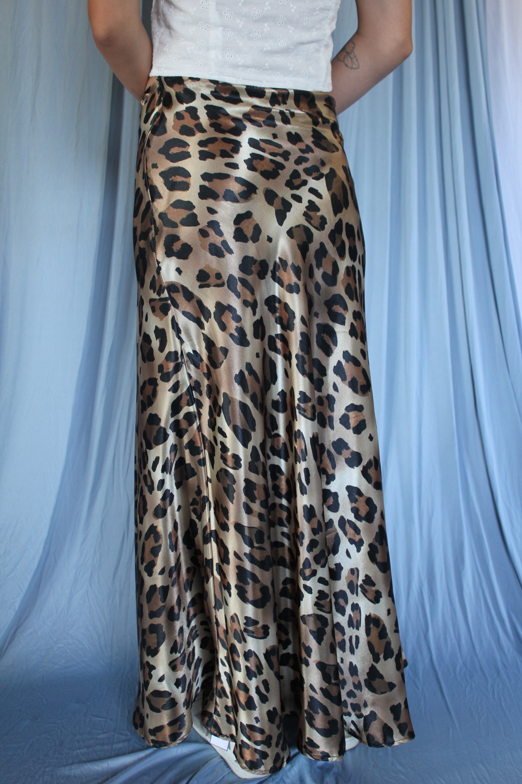 Vintage Leopard Print Satin High Waist Maxi Skirt