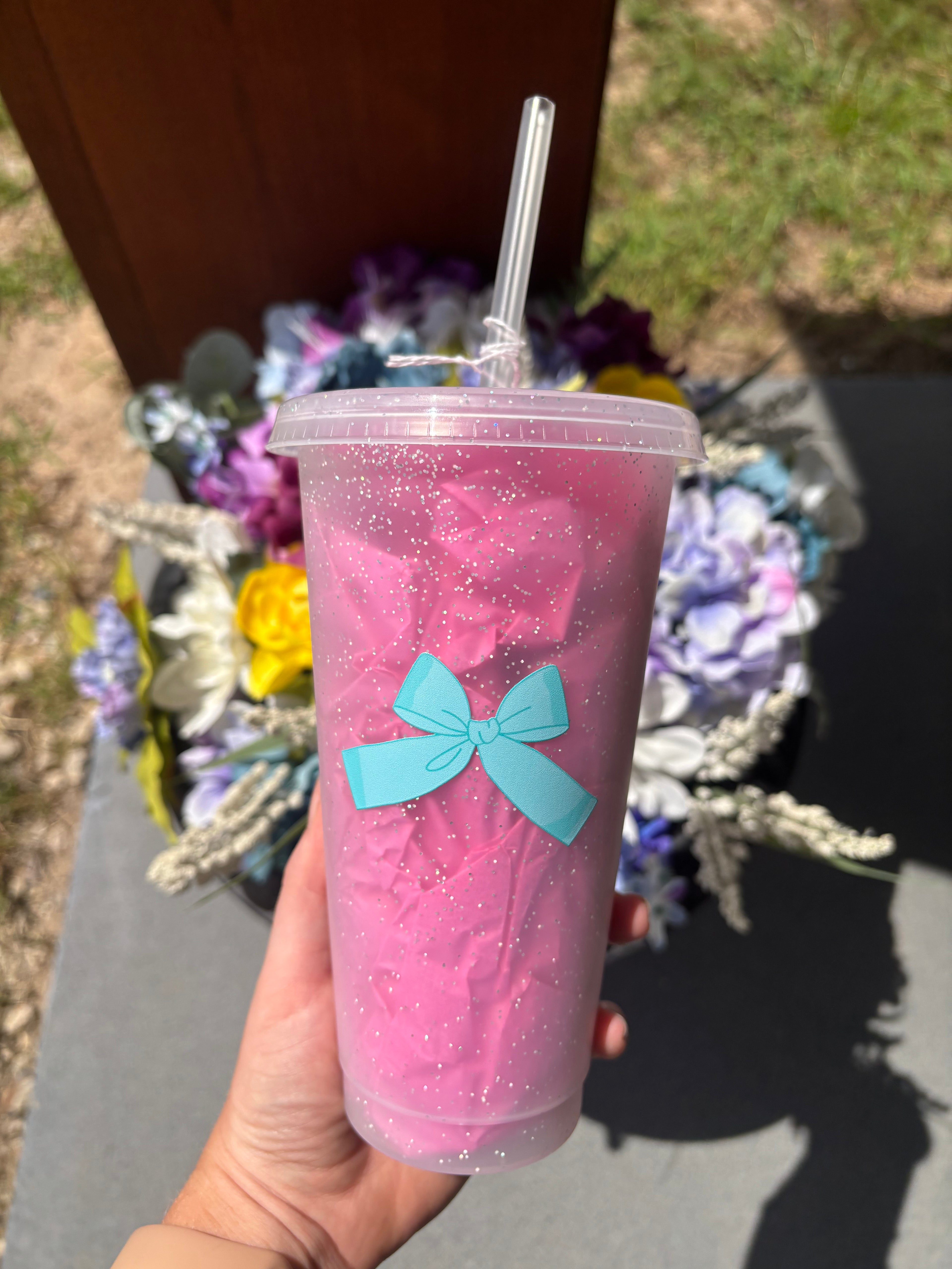 Turquoise Bow Glitter Cup
