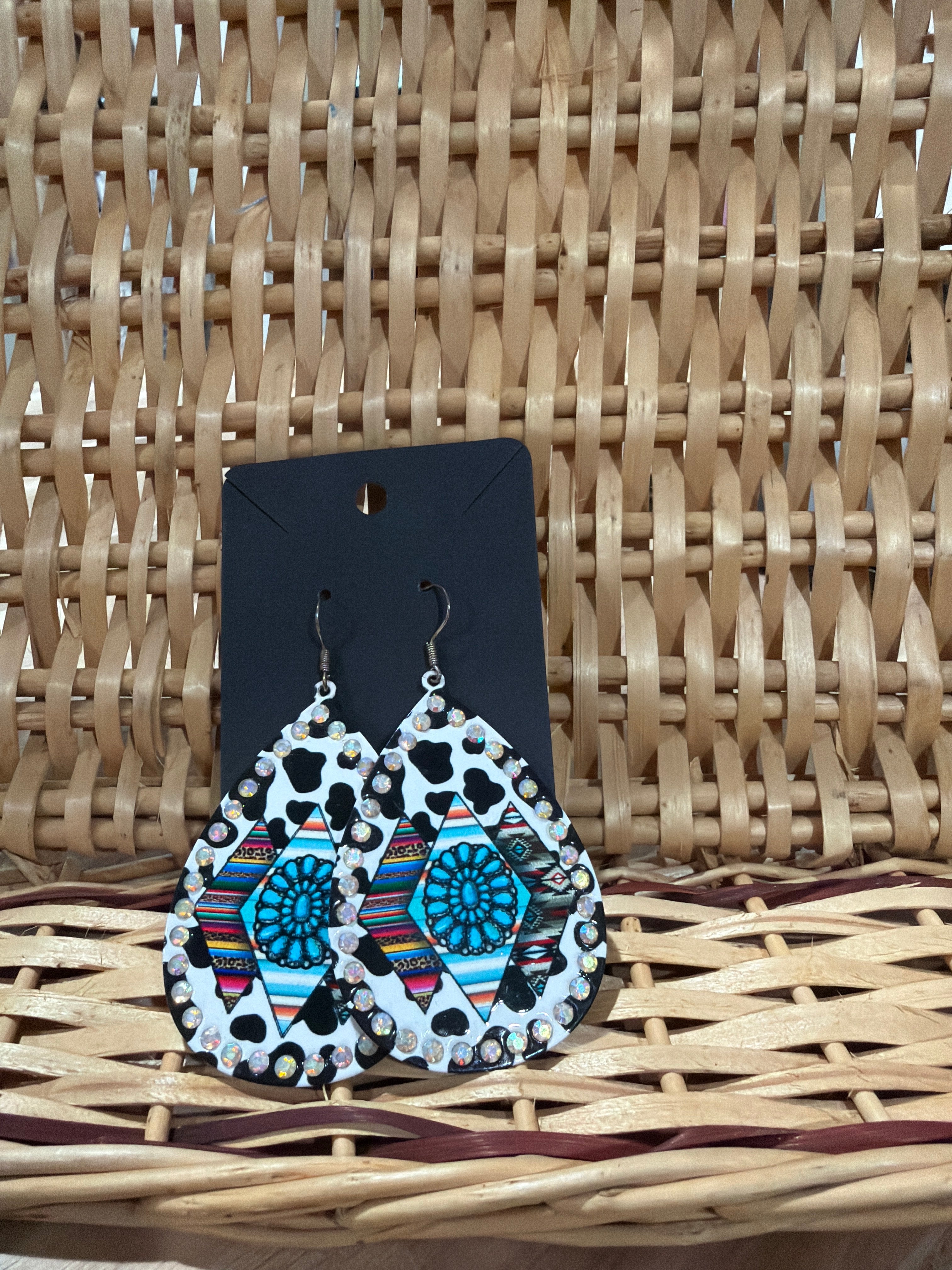 Turquoise & Cowprint Oval Earrings