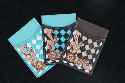 Checkered Tooled Leather Credit Card Holder