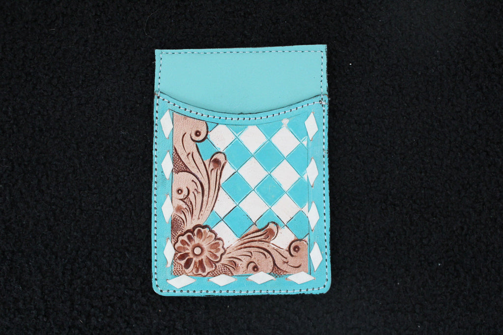 Checkered Tooled Leather Credit Card Holder