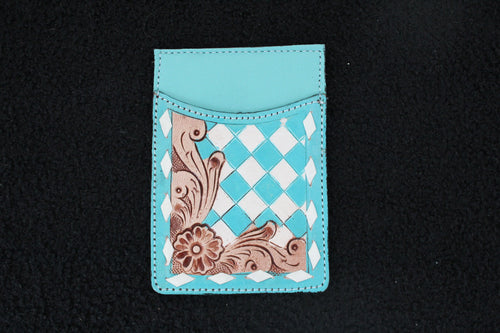 Checkered Tooled Leather Credit Card Holder