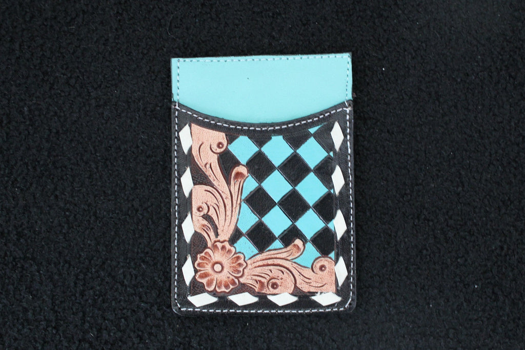 Checkered Tooled Leather Credit Card Holder