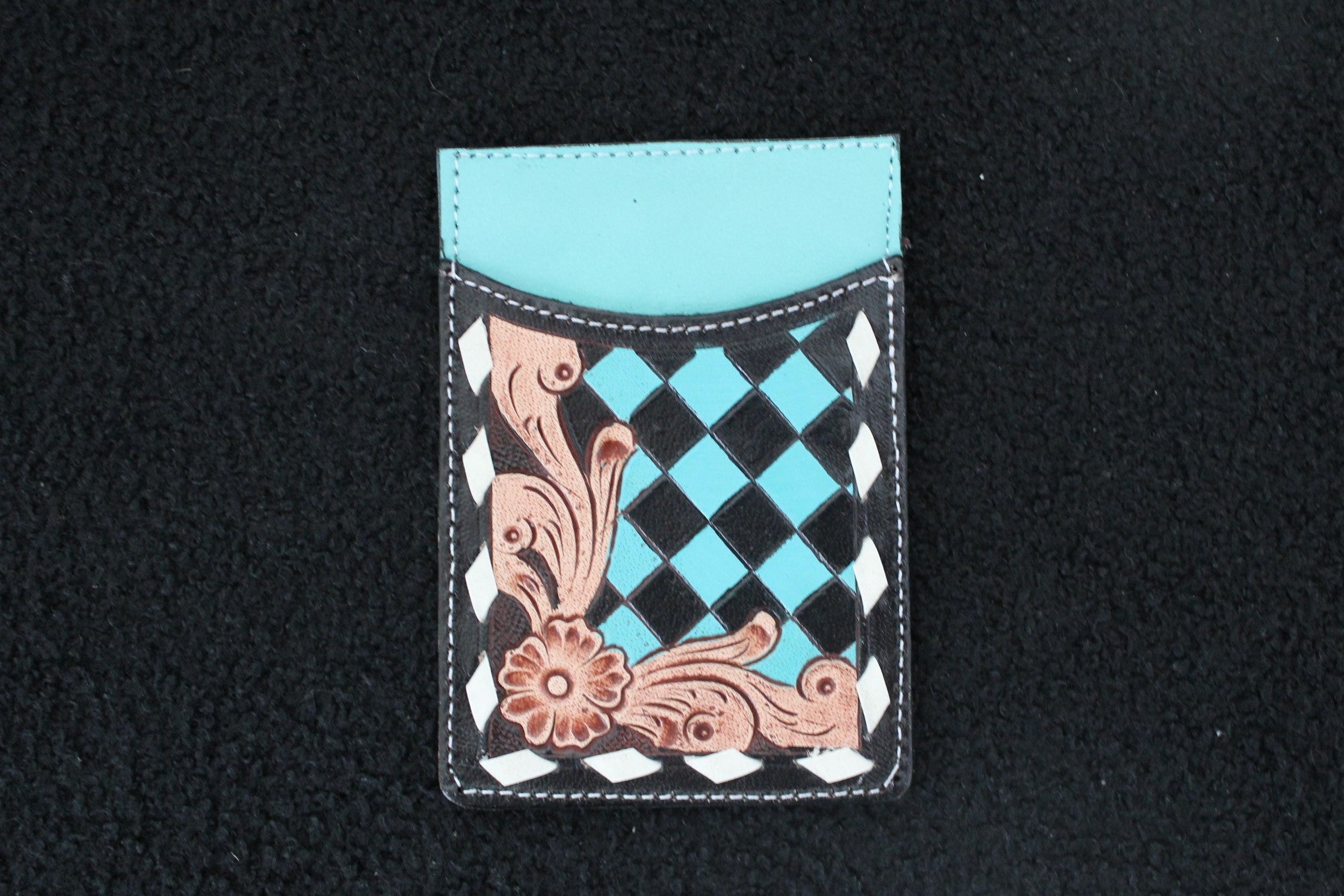 Checkered Tooled Leather Credit Card Holder