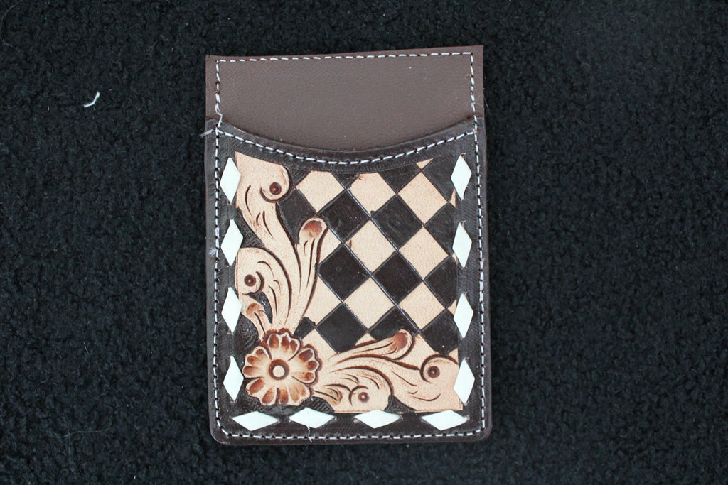 Checkered Tooled Leather Credit Card Holder